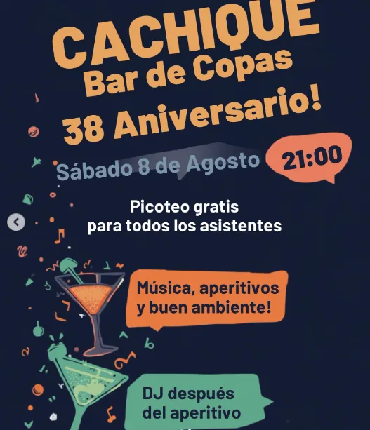 Cartel del 38 aniversario del Cachiqué Bar de Copas, sábado 8 de agosto a las 21:00, con picoteo gratis y DJ