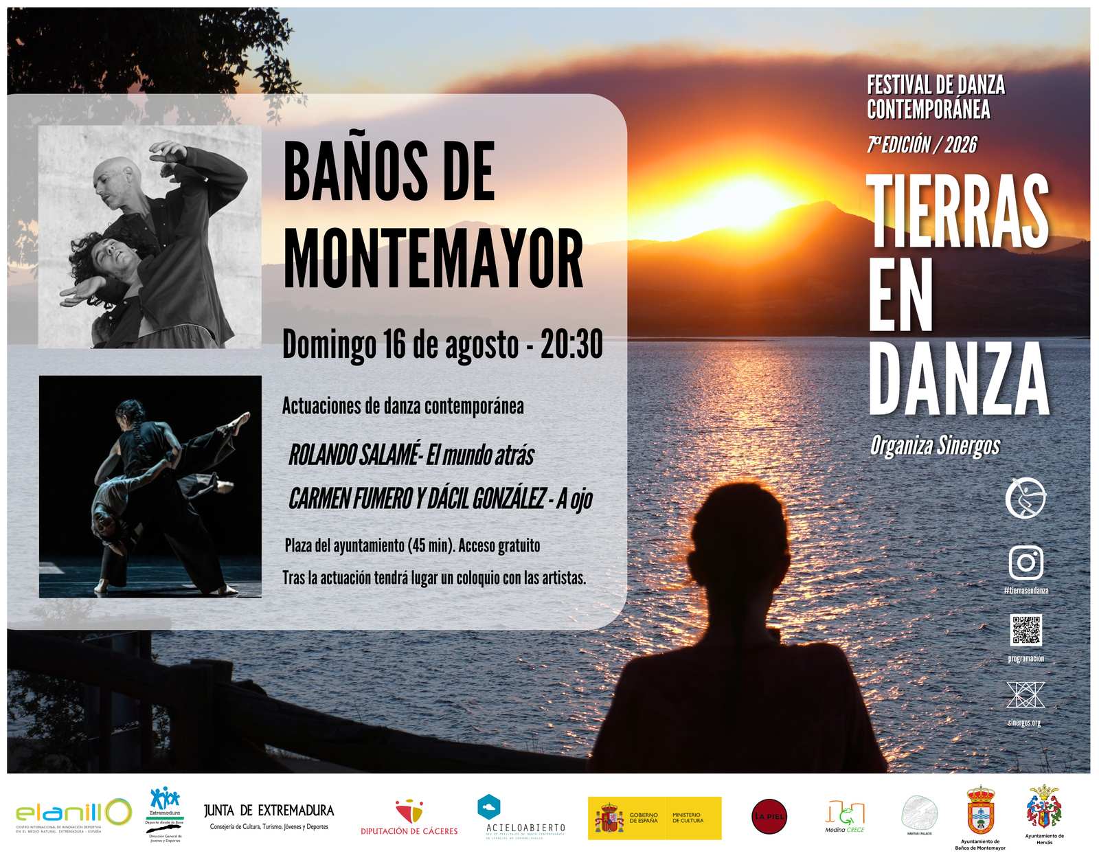 Cartel del Festival de Danza Contemporánea Tierras en Danza, 7ª edición, domingo 16 de agosto de 2026 en la plaza del Ayuntamiento de Baños de Montemayor