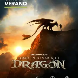 Cartel del cine de verano con la película Cómo entrenar a tu dragón, domingo 9 de agosto a las 22:00 en la pista polideportiva