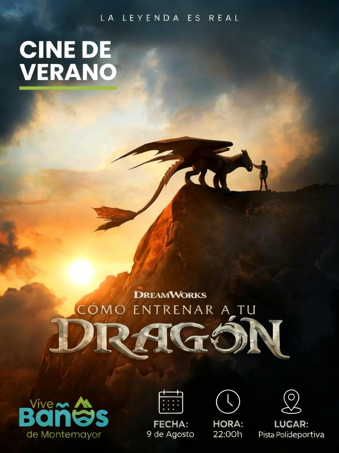 Cartel del cine de verano con la película Cómo entrenar a tu dragón, domingo 9 de agosto a las 22:00 en la pista polideportiva