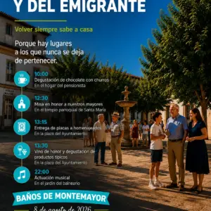 Cartel del Día del Mayor y del Emigrante de Baños de Montemayor, 8 de agosto de 2026, con el programa de actos