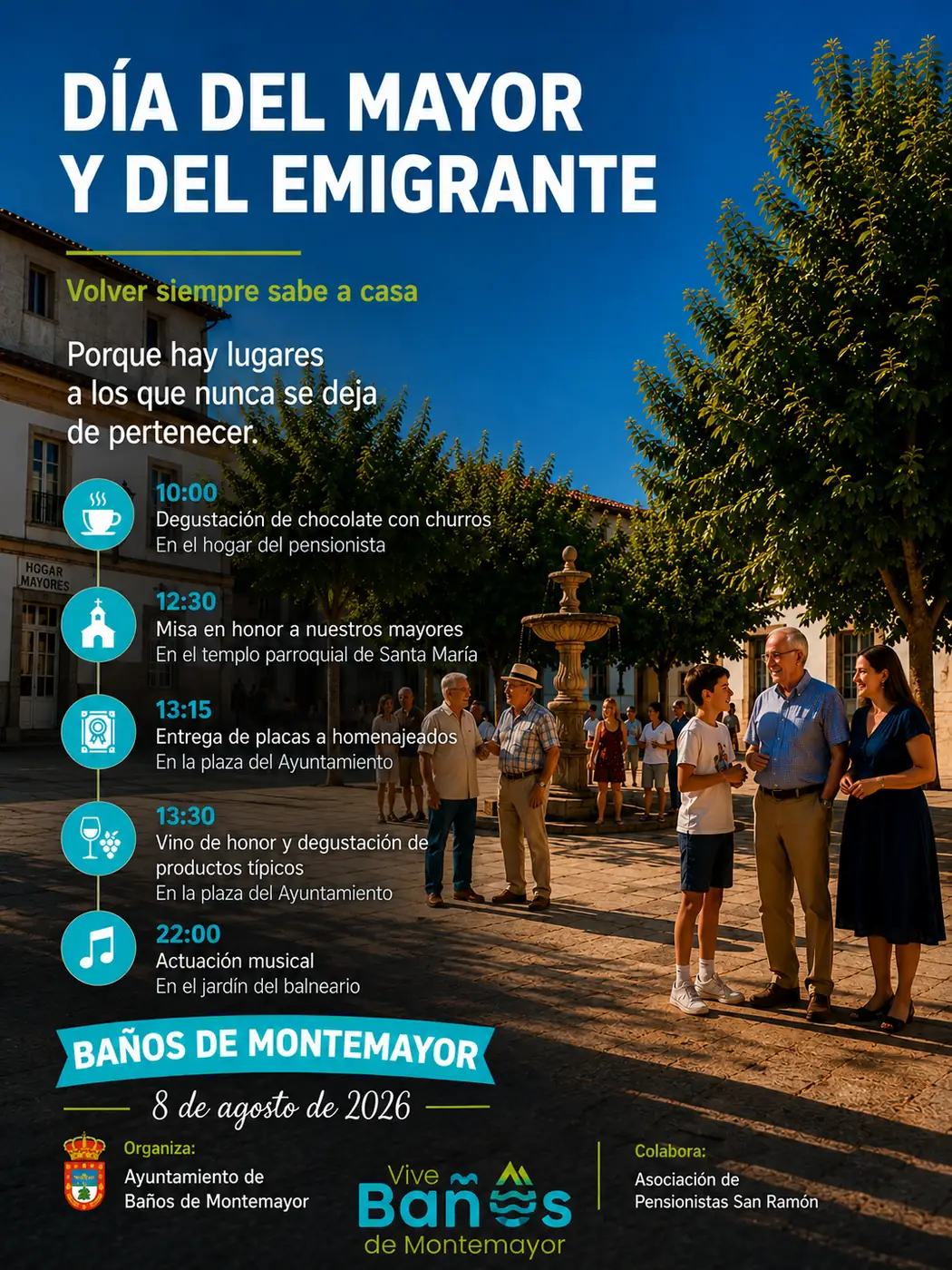 Cartel del Día del Mayor y del Emigrante de Baños de Montemayor, 8 de agosto de 2026, con el programa de actos