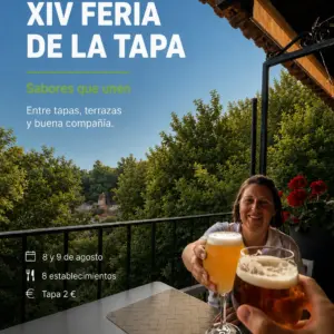 Cartel de la XIV Feria de la Tapa de Baños de Montemayor, 8 y 9 de agosto de 2026, con la tapa a 2 euros