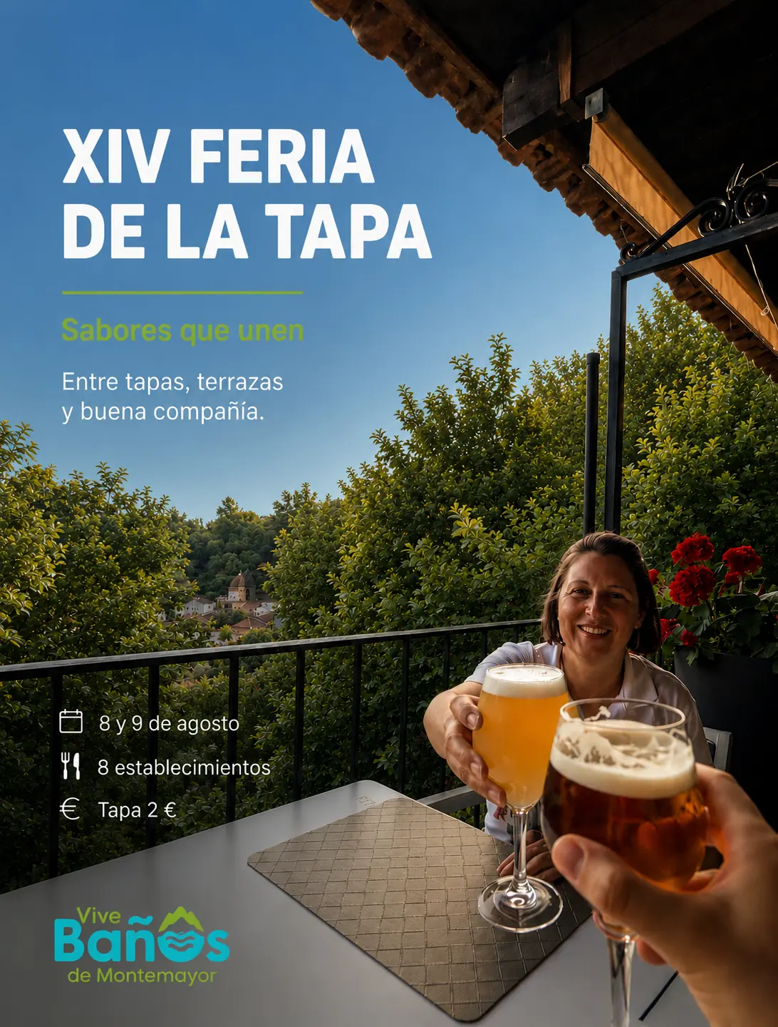 Cartel de la XIV Feria de la Tapa de Baños de Montemayor, 8 y 9 de agosto de 2026, con la tapa a 2 euros