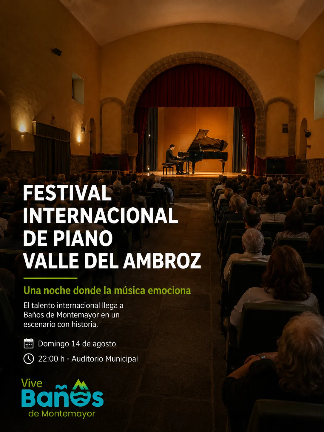 Cartel del Festival Internacional de Piano Valle del Ambroz, 14 de agosto a las 22:00 en el Auditorio Municipal