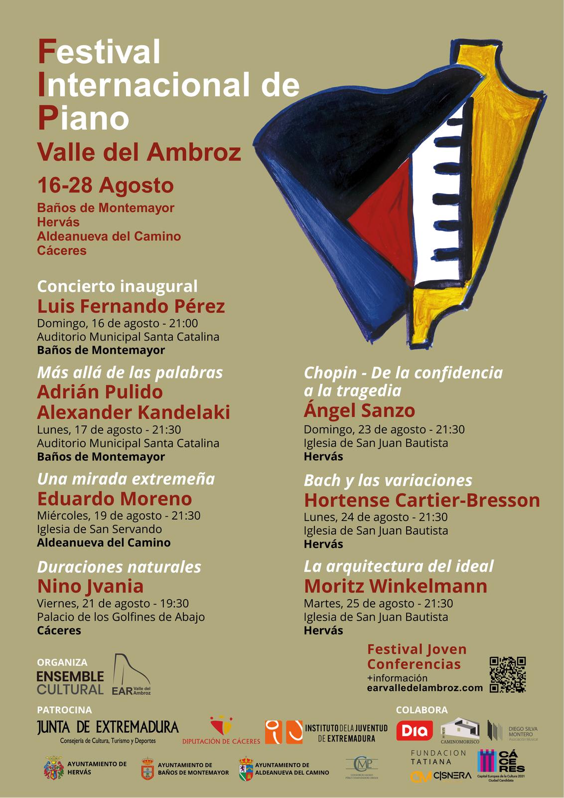 Programación del Festival Internacional de Piano Valle del Ambroz, del 16 al 28 de agosto de 2026, con conciertos en Baños de Montemayor, Hervás, Aldeanueva del Camino y Cáceres