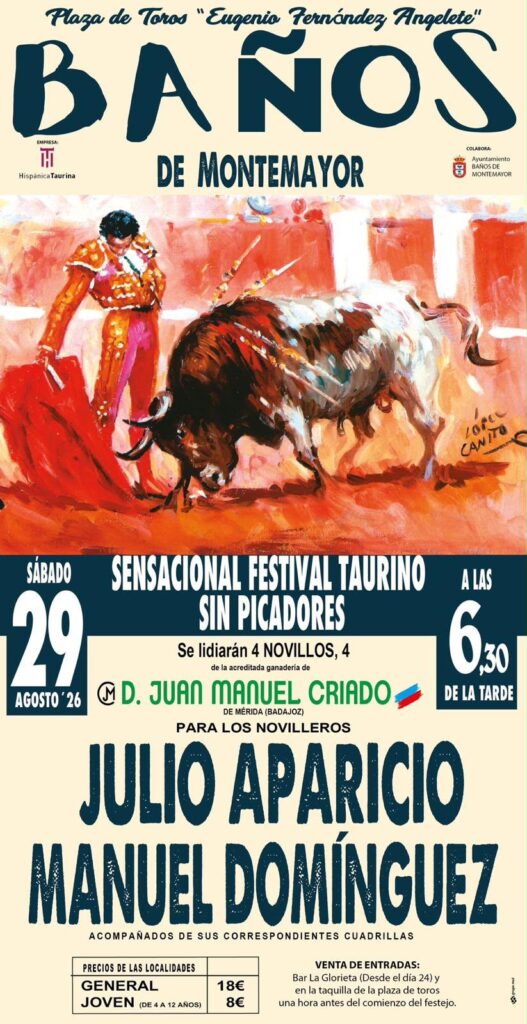 Cartel del festival taurino sin picadores del 29 de agosto en la plaza de toros de Baños de Montemayor