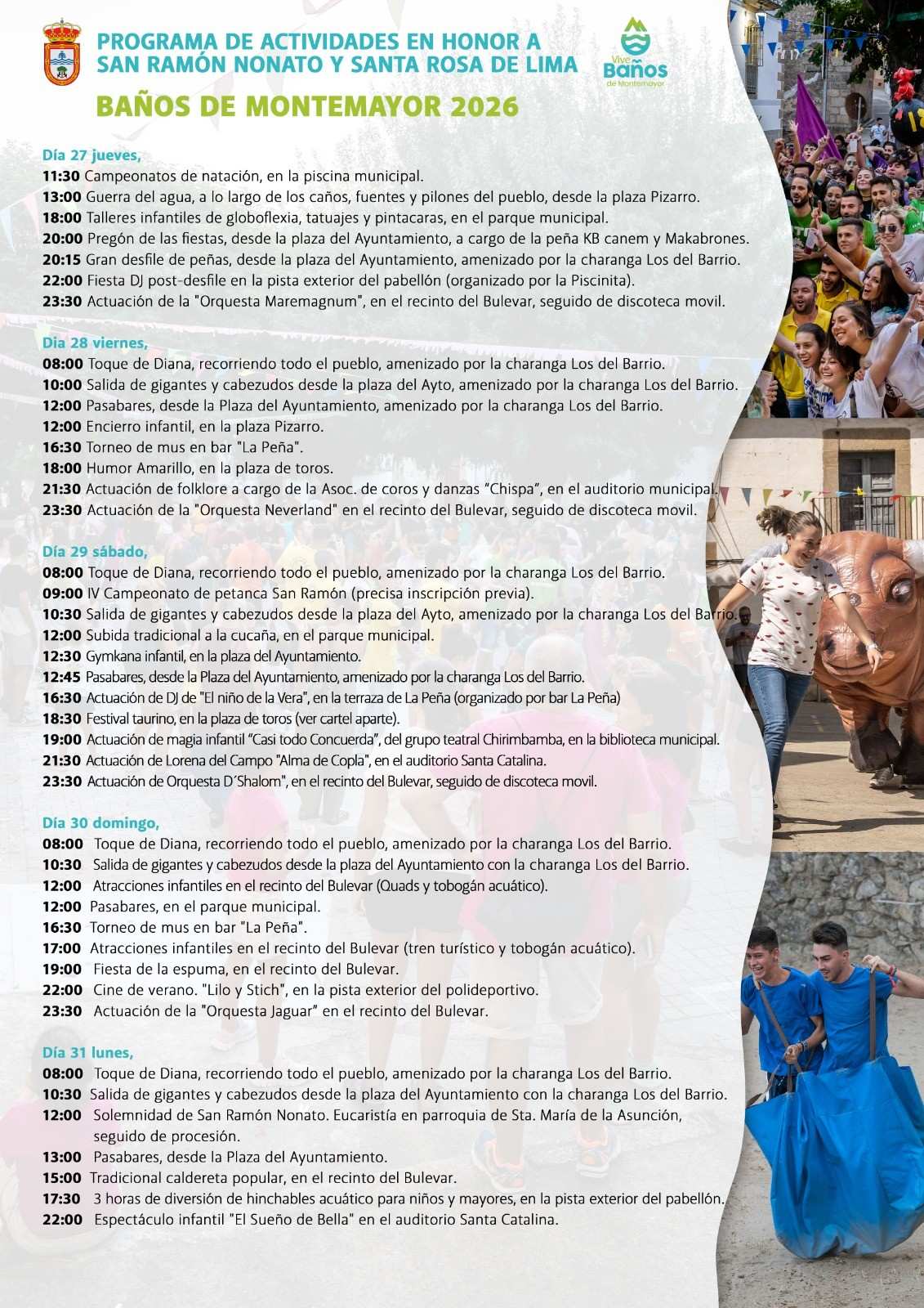 Programa de actividades de las fiestas en honor a San Ramón Nonato y Santa Rosa de Lima de Baños de Montemayor, del 27 al 31 de agosto de 2026