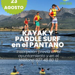Cartel de la actividad de kayak y paddle surf en el embalse de Baños de Montemayor los días 21, 22 y 23 de agosto de 2026