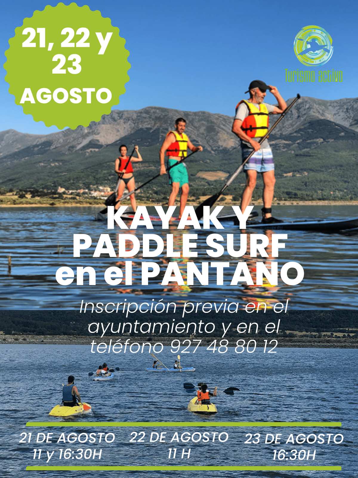 Cartel de la actividad de kayak y paddle surf en el embalse de Baños de Montemayor los días 21, 22 y 23 de agosto de 2026