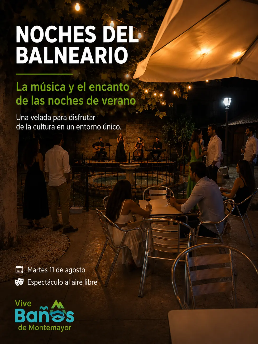 Cartel de Las Noches del Jardín del Balneario, música en directo el martes 11 de agosto a las 22:00