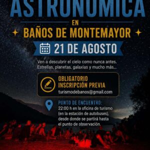 Cartel de la observación astronómica del 21 de agosto de 2026 en Baños de Montemayor, con punto de encuentro en la oficina de turismo a las 22:00