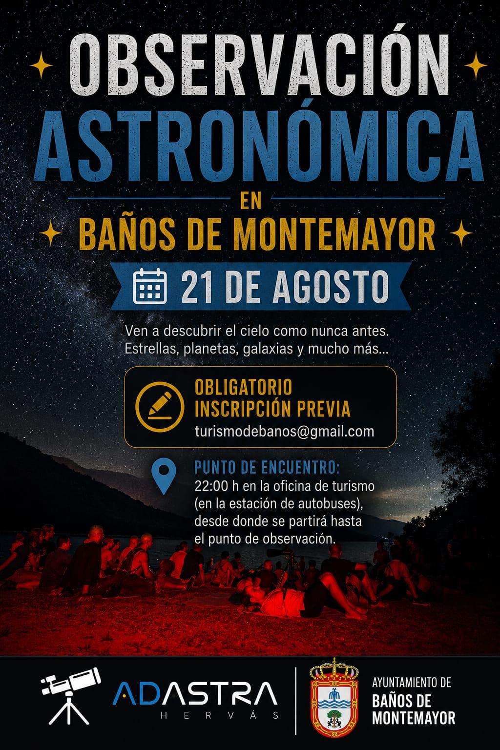 Cartel de la observación astronómica del 21 de agosto de 2026 en Baños de Montemayor, con punto de encuentro en la oficina de turismo a las 22:00