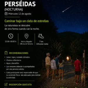Cartel de la ruta nocturna de las Perséidas, miércoles 12 de agosto de 22:00 a 00:00, 7 kilómetros desde la Oficina de Turismo