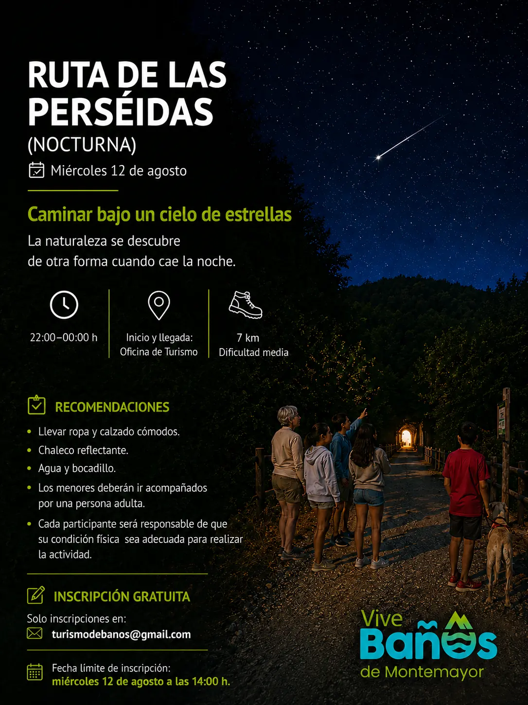Cartel de la ruta nocturna de las Perséidas, miércoles 12 de agosto de 22:00 a 00:00, 7 kilómetros desde la Oficina de Turismo