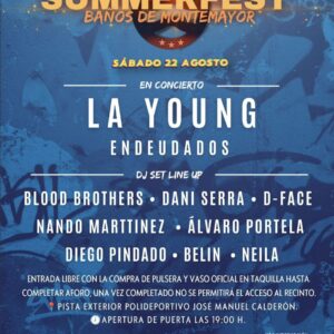 Cartel del Summerfest 2026 de Baños de Montemayor, sábado 22 de agosto, con La Young, Endeudados y sesiones de DJ en la pista exterior del polideportivo