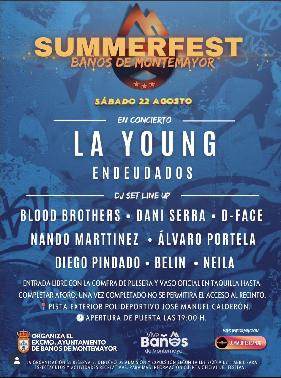 Cartel del Summerfest 2026 de Baños de Montemayor, sábado 22 de agosto, con La Young, Endeudados y sesiones de DJ en la pista exterior del polideportivo