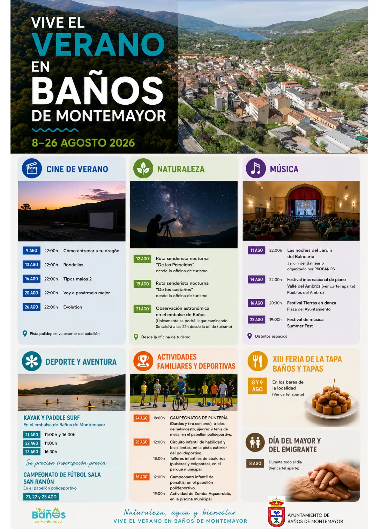 Programa completo de Vive el Verano 2026 en Baños de Montemayor, del 8 al 26 de agosto, con cine, rutas, música y deporte