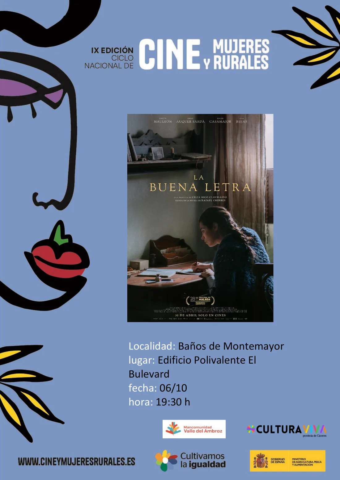 Cartel de la proyección de La buena letra, de Celia Rico, en el IX Ciclo Nacional de Cine y Mujeres Rurales, Baños de Montemayor, 6 de octubre de 2026, 19:30 h
