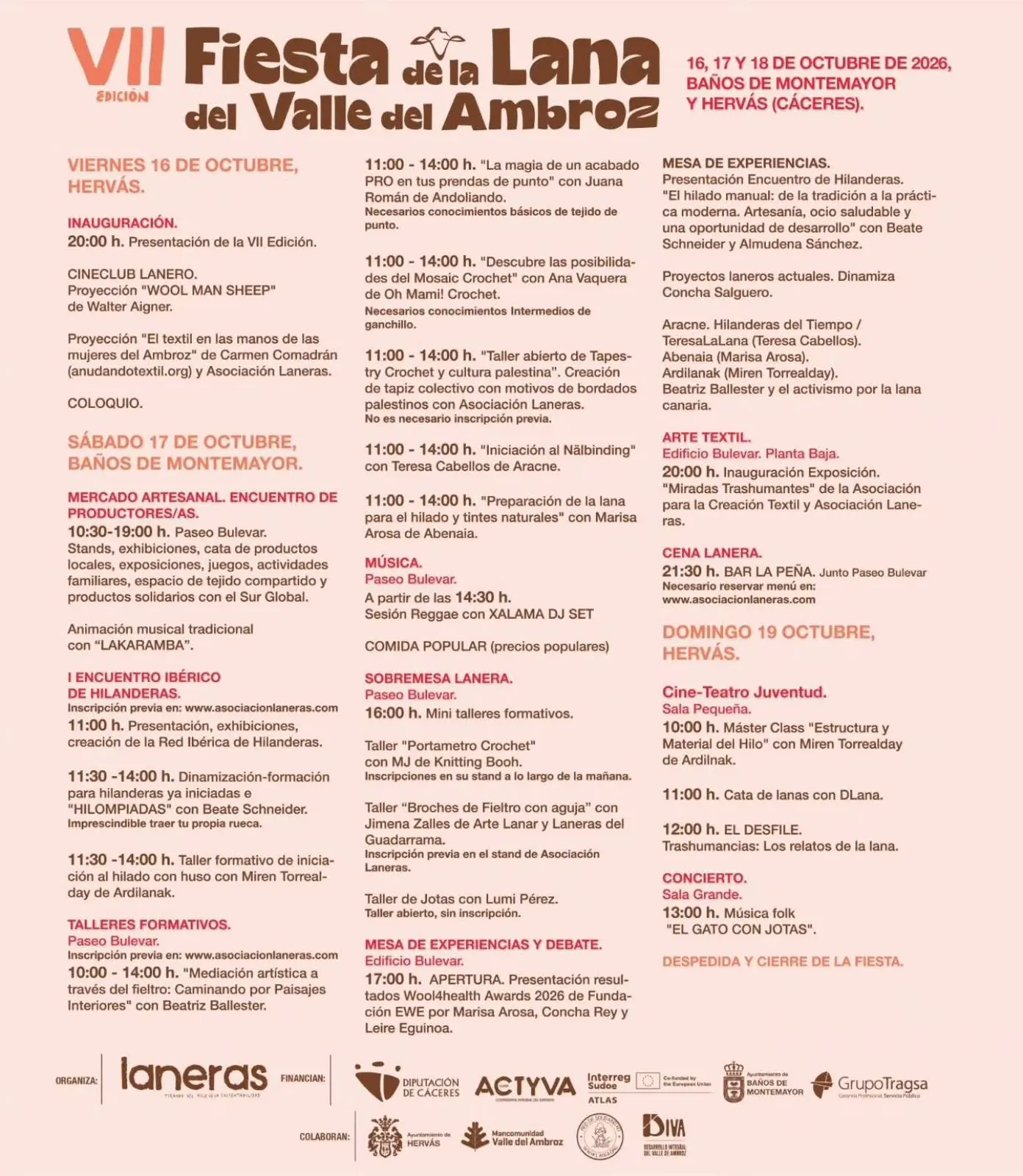 Programa completo de la VII Fiesta de la Lana del Valle del Ambroz 2026, con horarios de talleres, mercado artesanal, música y desfile