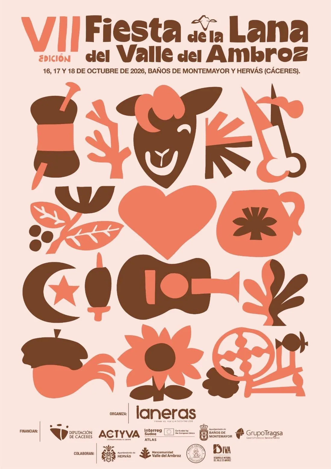 Cartel de la VII Fiesta de la Lana del Valle del Ambroz, 16, 17 y 18 de octubre de 2026 en Baños de Montemayor y Hervás, con ilustraciones de oveja, ovillo y rueca