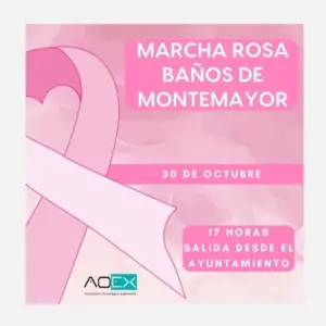 Cartel de la Marcha Rosa de Baños de Montemayor, 30 de octubre de 2026 a las 17:00 con salida desde el Ayuntamiento, de la Asociación Oncológica Extremeña