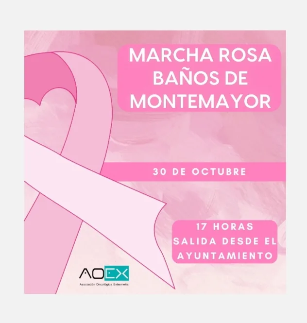 Cartel de la Marcha Rosa de Baños de Montemayor, 30 de octubre de 2026 a las 17:00 con salida desde el Ayuntamiento, de la Asociación Oncológica Extremeña