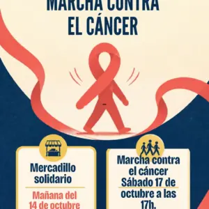 Cartel del mercadillo solidario del 14 de octubre y la marcha contra el cáncer del 17 de octubre de 2026 en Baños de Montemayor