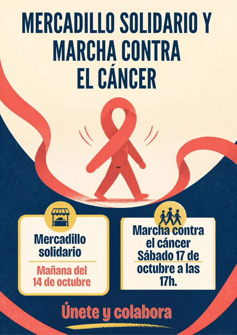Cartel del mercadillo solidario del 14 de octubre y la marcha contra el cáncer del 17 de octubre de 2026 en Baños de Montemayor