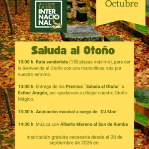 Cartel del Saluda al Otoño 2026 en el merendero de la estación de tren de Baños de Montemayor, 4 de octubre: ruta senderista, premios, DJ Moe y Alberto Moreno al Son de Rumba