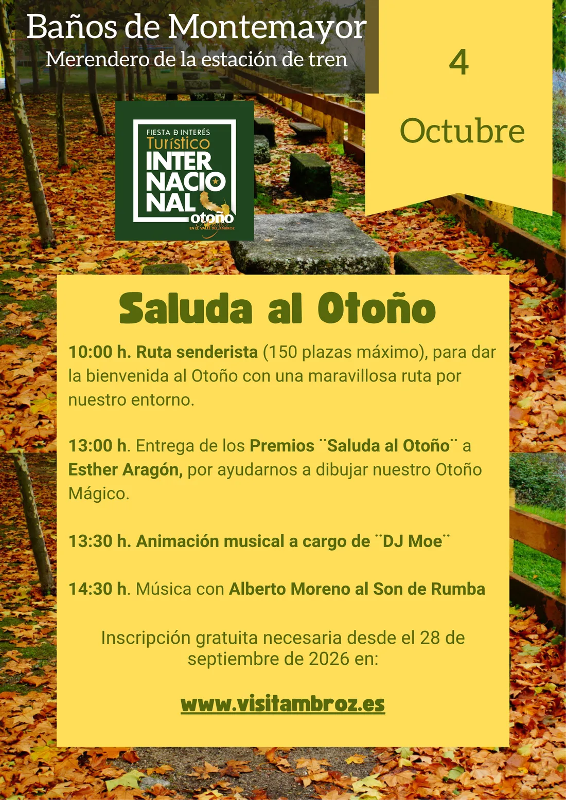 Cartel del Saluda al Otoño 2026 en el merendero de la estación de tren de Baños de Montemayor, 4 de octubre: ruta senderista, premios, DJ Moe y Alberto Moreno al Son de Rumba