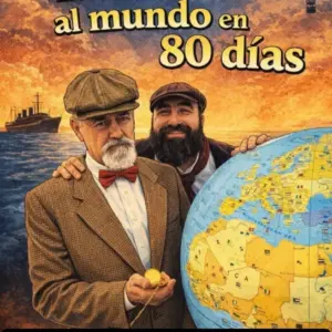 Cartel del teatro familiar La vuelta al mundo en 80 días, de La Cuerna Teatro, el 25 de octubre de 2026 en el Auditorio Santa Catalina de Baños de Montemayor
