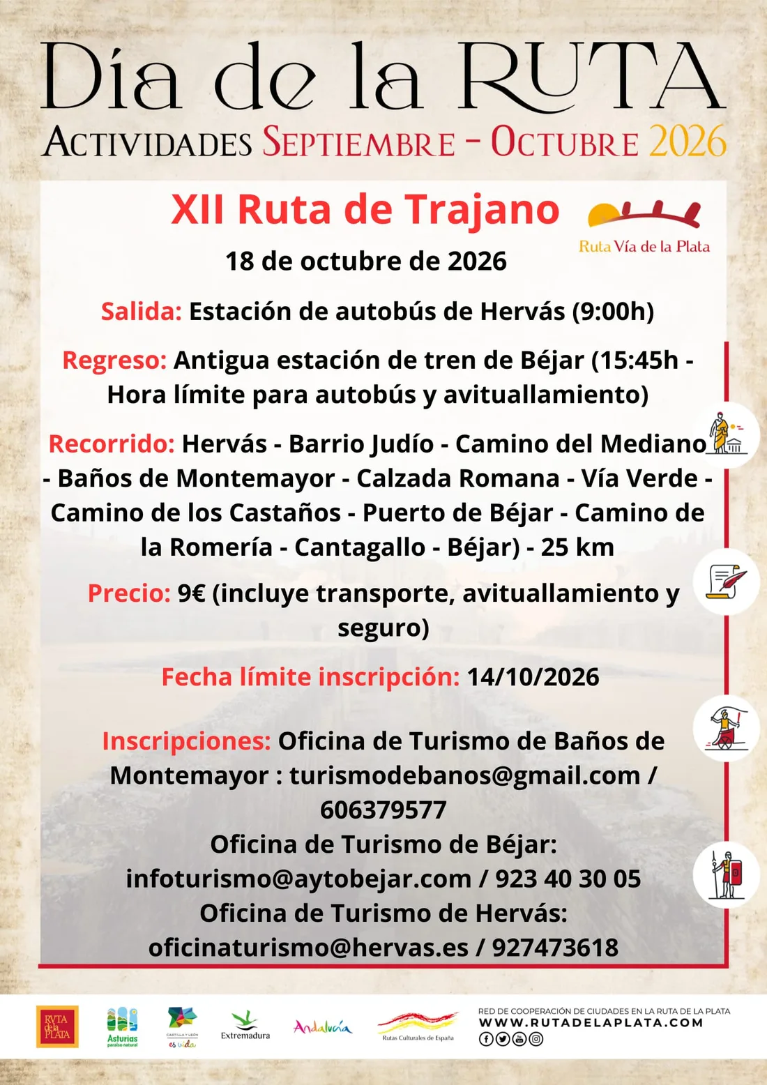 Cartel de la XII Ruta de Trajano, Día de la Ruta Vía de la Plata, 18 de octubre de 2026: de Hervás a Béjar pasando por Baños de Montemayor, 25 km